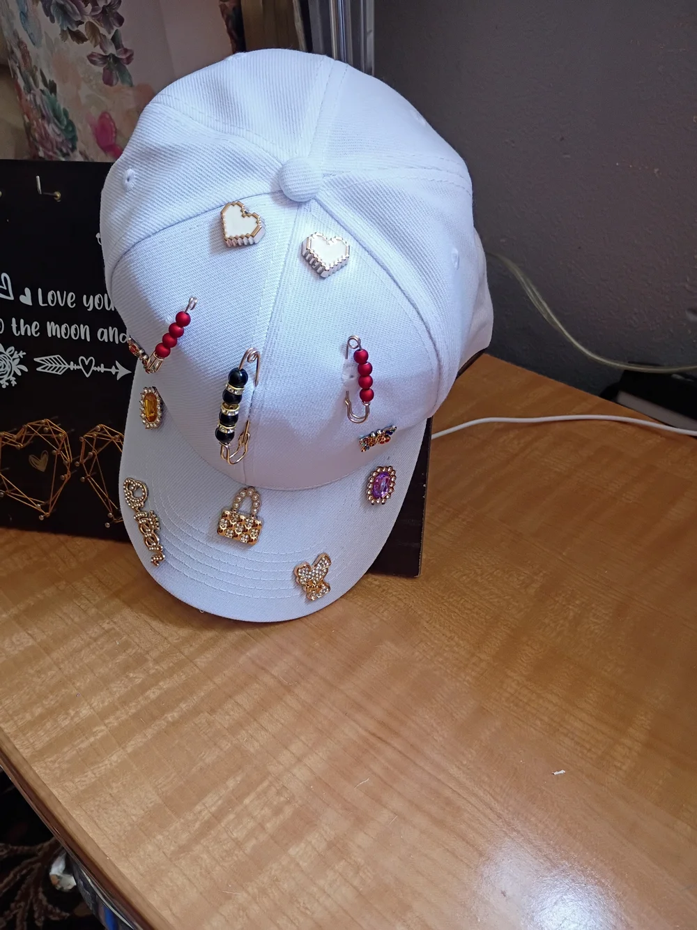 Embellished White Baseball Cap with Gem & Charm Accents
